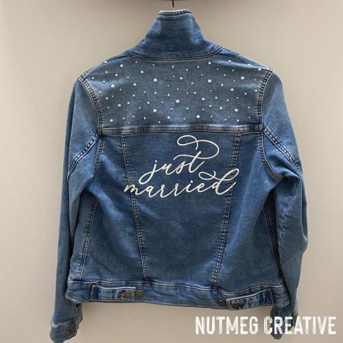 $35 Hire<br>Hand painted 'Just Married' - Denim Jacket - With Pearls <br>Size 12 Target, Conscious Cotton