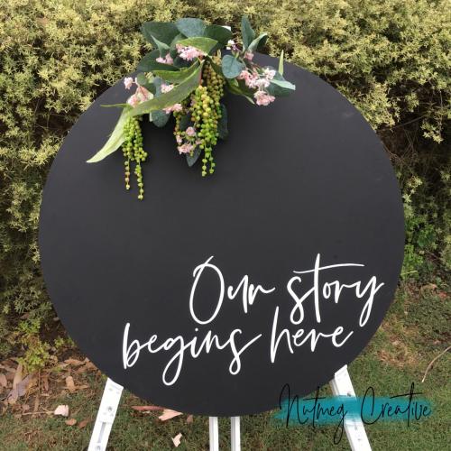 $40 Hire<br>Round Chalkboard<br>'Our story begins here / I will love you forever even when you're hangry <br>600mm