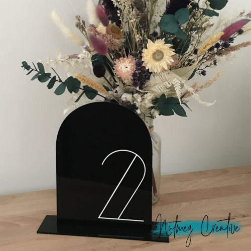 $5 each Hire<br>Acrylic Arched Table Numbers<br> Tables 1-5 available